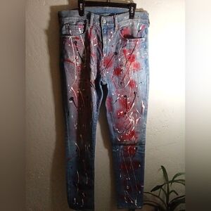H&M Mens Custom Distressed Slim Sz (32x32) w/ Wht/Red Splat Paint) Jeans!